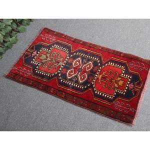 พรมตุรกีขนาด 1.5x2.7 ฟุต พรมโบราณขนาดเล็ก พรมลายปะติดสีแดงน้ำเงิน - Product Image 1