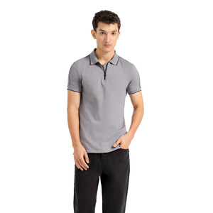 Top Qualité Hommes Gris Couleur Coton Polyester Mix Polo T Shirt Avec Fermeture Éclair Col Côtelé Et Passepoil Sur Les Épaules - Product Image 1