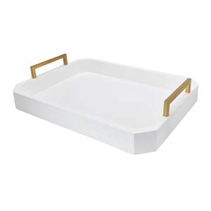 Impresionante bandeja de servicio de madera de acacia blanca con asas Bandeja otomana de madera decorativa - Product Image 1
