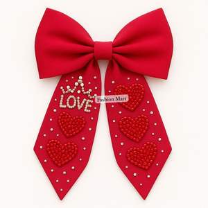 Light <b>Pink</b> Handmade Beaded <b>Bow</b> Cute Heart Embellished Hair Accessories - Product Image 4