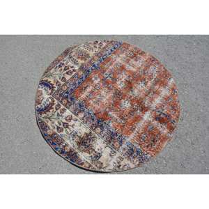 Alfombra turca Vintage de 3,7x3,7 pies, marrón, Beige, diseño clásico de retazos de área grande para pasillo, lana, piel de conejo sintética, respaldo de látex - Product Image 4