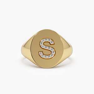 14K Solid Gold Natural Diamond 0.10 CT S Letter <b>Signet</b> <b>Ring</b> Luxury Fine Jewelry Wedding Engagement <b>Ring</b> Men <b>Women</b> Valentine Gift - Product Image 1