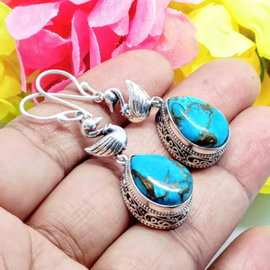Pendientes colgantes de turquesa de cobre azul Natural de Plata de Ley 925, gota de turquesa de pera hecha a mano para su regalo de moda para mujer - Product Image 5