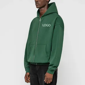 Sudadera con Capucha Verde para Hombre, Cierre de Cremallera, Corte Holgado, Color Sólido, Informal, con Bolsillo Delantero, para Otoño 2027 - Product Image 3