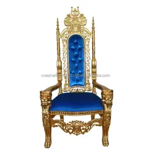 英国和美国租赁市场定制的国王椅子或狮子国王椅子雕刻金叶色，蓝色天鹅绒面料