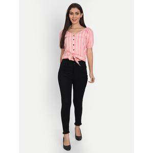 Haut en rayonne popeline rose clair tricoté en coton à rayures verticales, tendance, décontracté, à manches mi-longues pour le printemps-été, tailles XS-XL, avec logo - Product Image 1