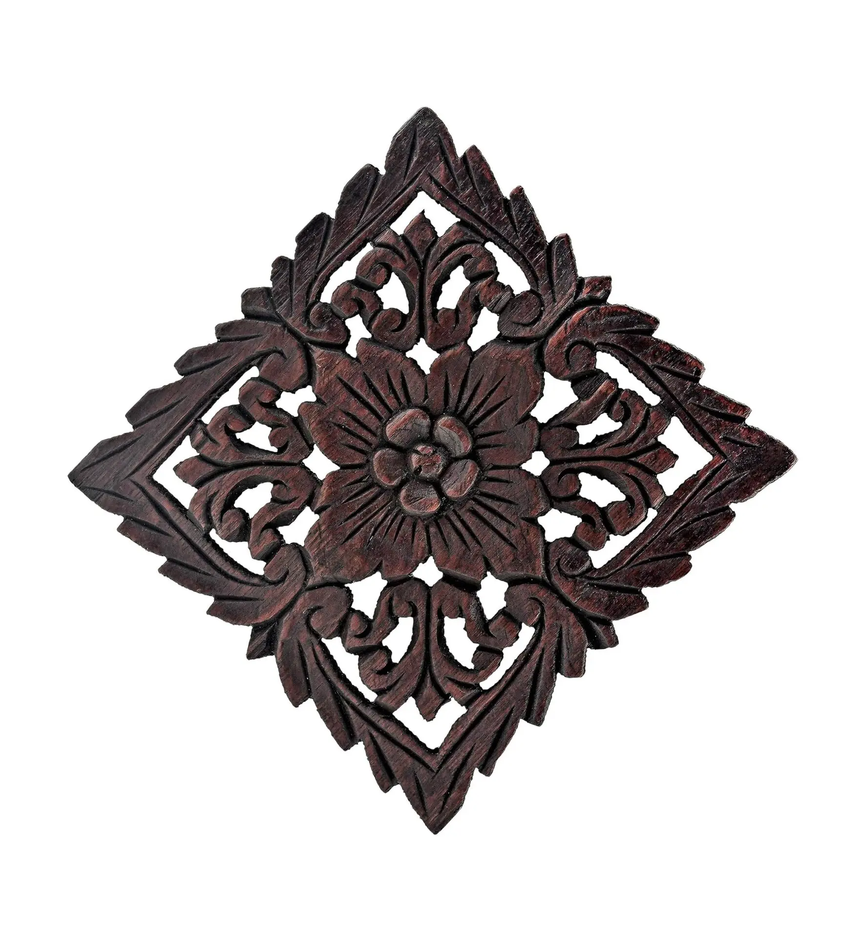 Tropical Forest Inspired Hand Carved Teak Wood Floral Wall Art -8 Inches | Lotus Flower Wall Art | Floral Wall Decor | Living
