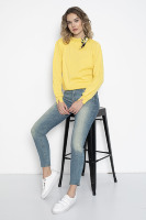 Pull à col rond jaune pour femme, manches longues, décontracté, couleur unie, tricot côtelé, 100% acrylique, anti-boulochage, toutes saisons