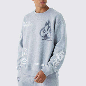 Heather <b>Grey</b> Solid 100% Cotton Flared Stacked Sweatpants Set | Oversized Crewneck <b>Sweatshirt</b> Sport Tracksuit Winter OEM - Product Image 2