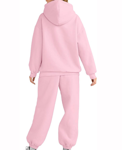 Ensemble de survêtement rose à capuche pour femme, manches longues, couleur unie, coupe décontractée, sweat-shirt et pantalon avec poches latérales - Product Image 4
