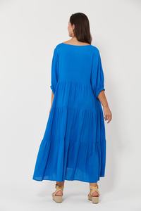 Robe longue bleue bohème avec col en V et manches longues 100% rayonne nouveau style décontracté pour les femmes vacances et usage quotidien - Product Image 2