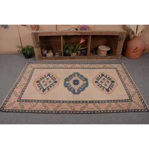 Tapis en laine turque vintage taille 4x6 'bleu Beige Style classique Patchwork Design tissage plat Latex adolescent décorations de salon - Product Image 4