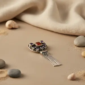 Colgante de Plata 925 Hecho a Mano para Mujer con Granate y Amatista, con Borla, Diseño de Gota de Agua en Oro Rosa y Dorado, Joyería con Dije - Product Image 2