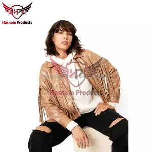 Womens Real Beige Leather <b>Jacket</b> Fringe Tassels Snap Front Sheepskin Tan <b>Western</b> Cowgirl Shacket Coat Custom Winter Outerwear - Product Image 2