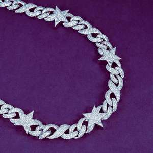 VVS conjunto hecho a mano Micro ajuste Moissanite Diamante tachonado Hip hop Iced Out plata esterlina estrella cadena de eslabones cubanos - Product Image 3