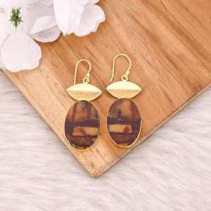 Pendientes colgantes de jaspe Malinga chapados en oro de latón de aspecto natural con dije de diseño artesanal, pendientes colgantes de latón, regalo para ella - Product Image 2