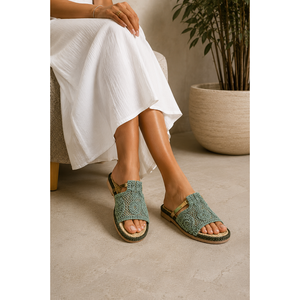 Gold Detailed Woven for <b>Slippers</b> with Open Toe Green Olive Breathable Feature - Product Image 2
