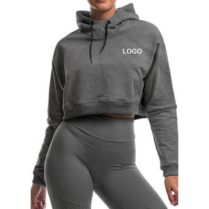 Top corto de manga larga cómodo con estampado de logotipo personalizado para mujer, sudaderas con capucha cortas para correr de algodón para gimnasio y Mujer - Product Image 5