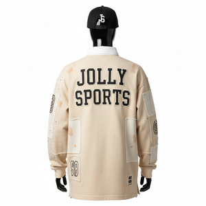 Camiseta de Rugby para Hombre, Alta Calidad, 280 GSM, Algodón Jersey, Estilo Panel Patchwork, Tono Crema, Aplique con Logotipo Serigrafiado, Ropa Casual - Product Image 2