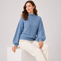 Prix d'usine, pull en laine tricoté pour femmes, couleur bleue, taille oversize, 5GG, pull chaud avec manches bouffantes