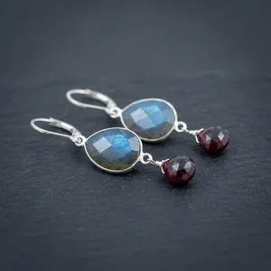 Pendientes Casuales de Labradorita y Granate en Forma de Lágrima, Rojo y Azul, Clásicos, con Cierre de Palanca, Plata de Ley 925, Piedra de Nacimiento de Enero, Dualidad - Product Image 5