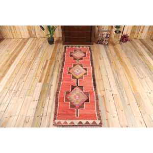 2.6x8.3 ft Turkish Rug, Vintage <b>Runner</b> Rug, <b>Red</b> Brown Solid Rug - Product Image 1