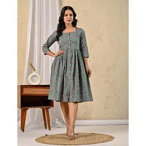 Robe en coton imprimée à la main motif floral vert, style décontracté avec col carré, taille naturelle, respirante, design personnalisé, tailles XS à 5XL - Product Image 6