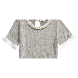 Top Grigio Extra Large Monteau per Ragazze, in Chiffon Decorato con Perle, Effetto Stratificato - Product Image 2