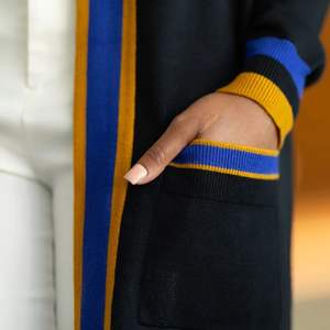 Long Black <b>Cardigan</b> <b>for</b> Women with Blue Gold Trim Open Front Knit Sorority Style Elegant <b>Lightweight</b> Sweater - Product Image 4