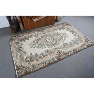 4x6.2 ft Area Vintage Rug, Turkish Rug, <b>Brown</b> White Striped <b>Wool</b> Rug - Product Image 2