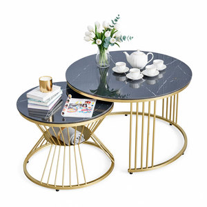 Modern Farmhouse Double Sofa <b>Table</b> with Stone Top and Iron Frame Nesting Movable <b>Side</b> <b>Table</b> for Entry or Living Room TT68214 - Product Image 1