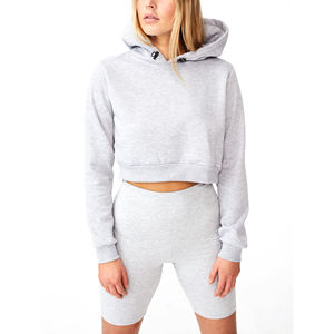 OEM personalizado mujer Crop Hoodie poliéster algodón liso chándal 2 piezas conjunto pulóver manga larga sudadera dobladillo con cordón Sudadera con capucha - Product Image 6