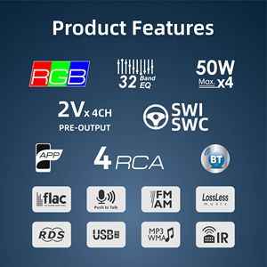 Autoradio simple DIN Lecteur MP3 BT 5.1 RDS FM AM 4x50W 2V <span class=keywords><strong>RCA</strong></span> 32Bandes EQ Voix APP SWC 7RGB USB AUX Télécommande Multi-contrôle - Product Image 4