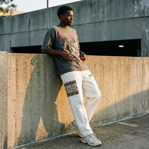 กางเกงผ้าฝ้ายทรงหลวมสำหรับผู้ชาย รุ่น Heavyweight แบบสั่งทำพิเศษ ลายกราฟิก 3 มิติ สไตล์ Distressed ไร้รอยต่อ สตรีทแวร์ Y2K ทรงหลวม กระดุมสูง - Product Image 5