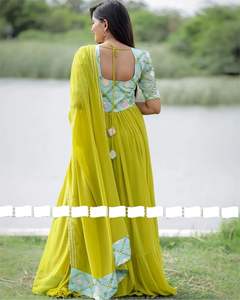 Robe de soirée de mariage traditionnelle indienne, Faux Georgette avec broderie papier miroir travail couleur jaune citron longue Anarkali - Product Image 2