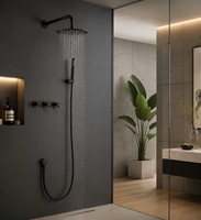 Ensemble de douche encastré moderne minimaliste noir mat brossé tout en cuivre, qualité hôtelière, mural, avec pommeau de douche pluie