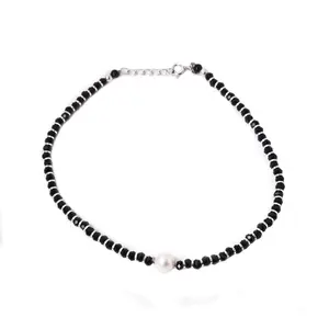 Women's 925 Silver <b>Chain</b> Necklace with <b>Black</b> Bead Pearls Fashion Beaded Jewelry - Product Image 3