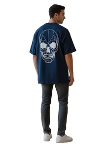 เสื้อยืดลำลองผู้ชายทรงโอเวอร์ไซส์ สีน้ำเงินเข้ม พร้อมโลโก้ด้านหน้า ผลิตอย่างพิถีพิถันด้วยผ้าฝ้ายเนื้อหนา 100% เพื่อความสบาย - Product Image 2