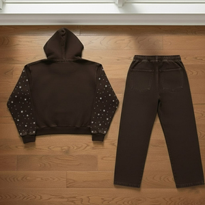Fabricant de survêtements streetwear en molleton French Terry, ensemble personnalisé de pantalon de survêtement et de sweat à capuche, survêtements effet délavé et ornés de strass - Product Image 2