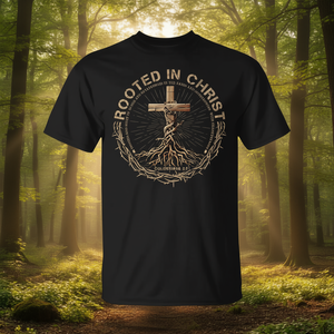 Camiseta promocional con la cruz cristiana Rooted in Christ Jesus - Product Image 3