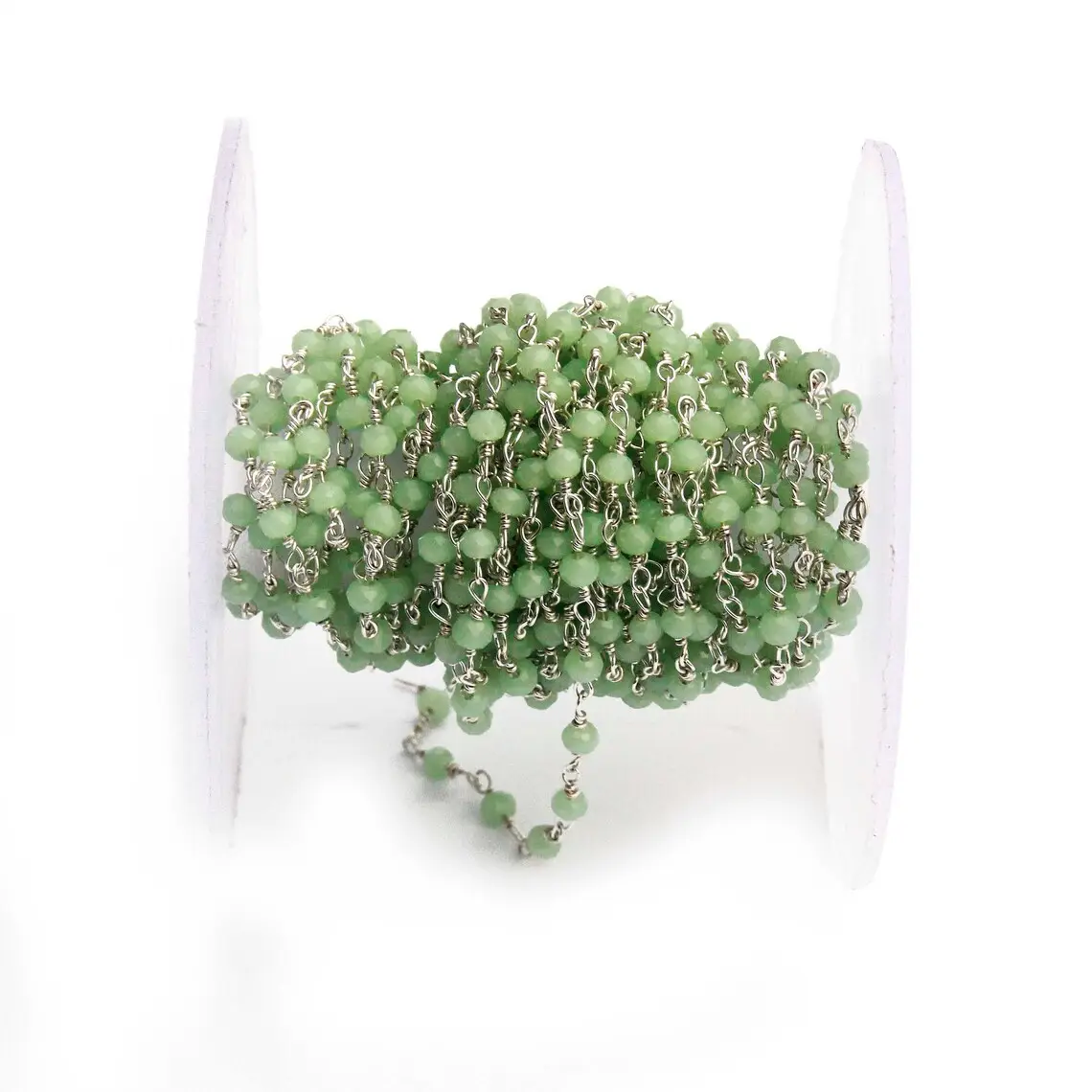 Зеленая цепочка с четками, круглые бусины Rondelle, цепочка с серебряным покрытием 3-3,5 мм, оптовая продажа, рулоны с розариями для девочки