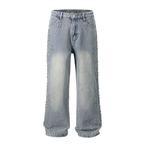 Nouveau Jean en Denim Baggy Droit pour Homme de Haute Qualité, Premium, Personnalisé, 14oz, Effet Délavé Vintage, avec Strass, Vente en Gros, Style Streetwear - Product Image 3