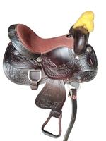 Selle de cheval Western anglaise en cuir véritable façonnée à la main, avec siège rembourré, motifs floraux sculptés, tapis de monte cowboy, et bride de cheval antichoc