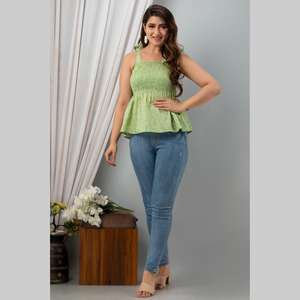 Top Sans Manches Smocké Imprimé Coton Vert Clair Femme - Product Image 2