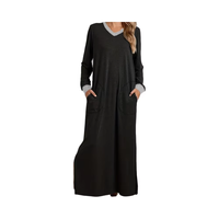 Chemise de nuit longue pour femme, col en V, fendue, avec poches, design color block contrastant, taille élastique, 100 % coton