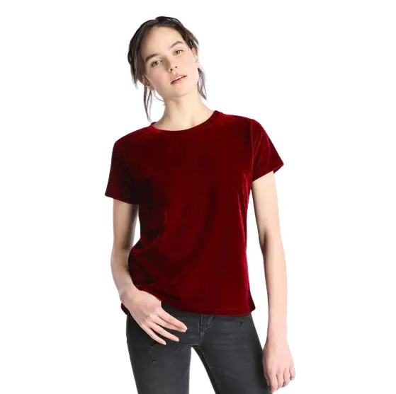 2024 Women's Spring Drop Shoulder New Arrival OEM Hot Sale Plain O Neck Velvet T Shirt High Quality Velour With Customized 2024