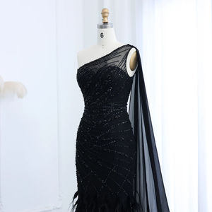 Jancember SZ498 Asimétrico Negro Elegante Pluma Noche Vestidos de baile Vestidos - Product Image 4