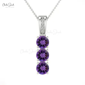 Custom Simple 14k Solid Gold Diamond Accented Pendant Necklace Authentic Purple Amethyst Gemstone Pendant At Reasonable Price