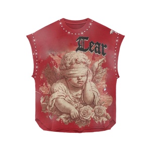 Camiseta 100% algodón para hombre, corte holgado, estampada, sin mangas, 240 GSM, color rojo, con estampado gráfico vintage de diamantes de imitación, personalizada. - Product Image 1