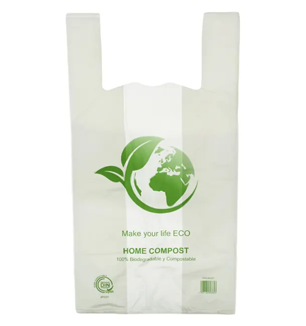 . 100% 퇴비화 지속 가능한 옥수수 전분 친환경 신선한 과일 야채 포장 생분해 성 플라스틱 티셔츠 가방